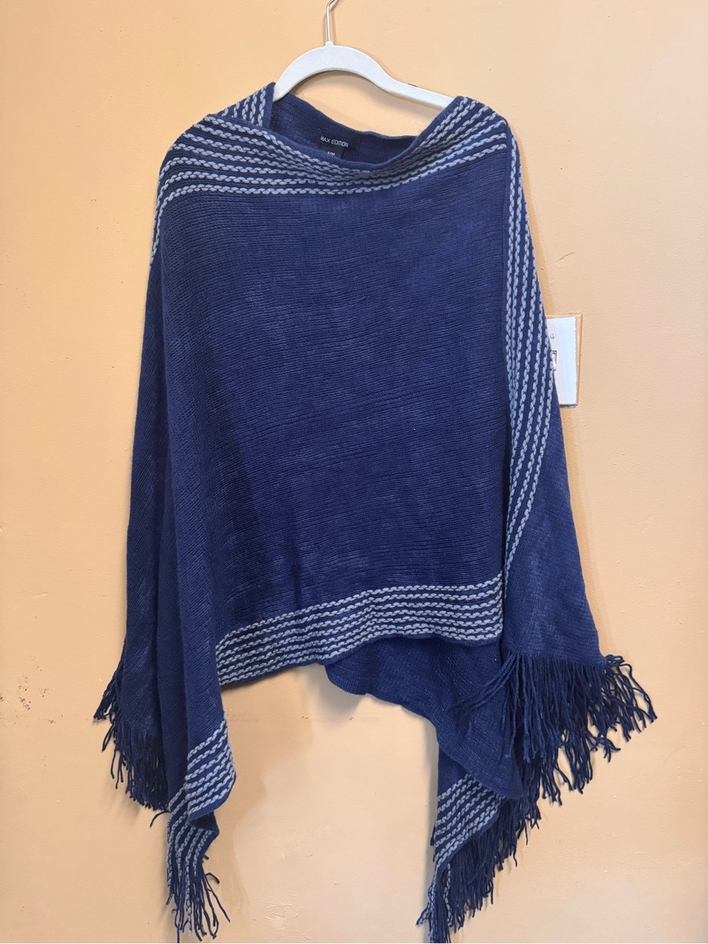 Max Edition Navy Blue Fringe Knit Throw Poncho